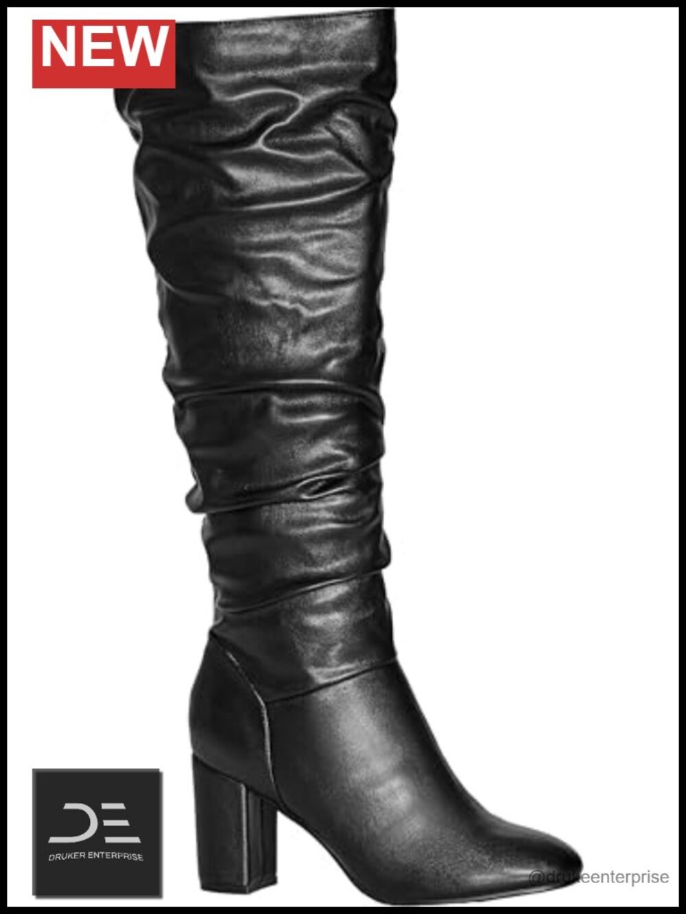 Wide Width Faux Leather Knee High Scrunch Boots Block Heel